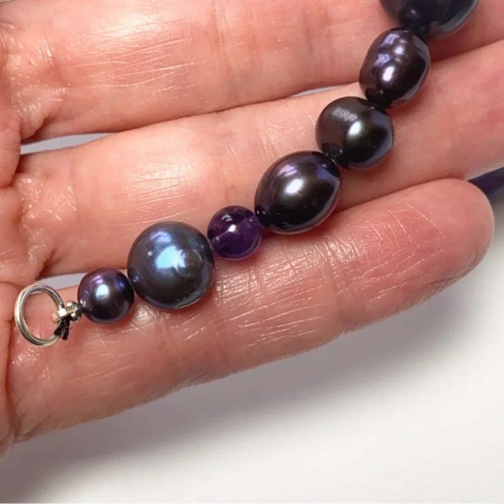 Genuine Freshwater Peacock Baroque Pearls & Amethyst Beads 925 Silver‎ Bracelet